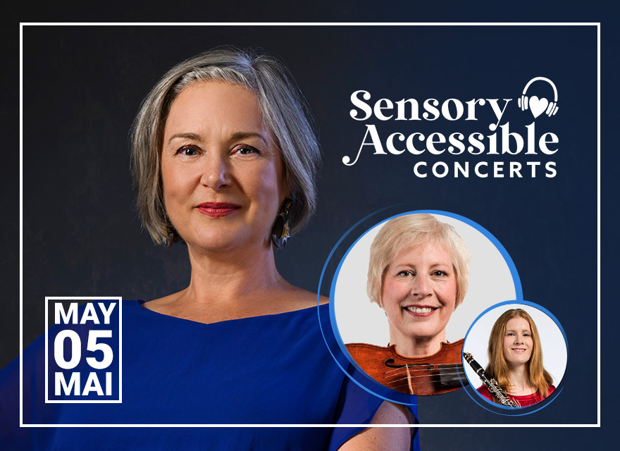 The image is a promotional graphic for Sensory-Accessible Concerts, featuring three musicians. On the left, there's pianist Jennifer King with short gray hair, wearing a blue top and earrings, looking directly at the camera. At the top right, there's a circle highlighting another woman, violist Susan Sayle with blonde hair, wearing an orange top, holding a viola. Below her, in a smaller circle, there's clarinetist Eileen Walsh with long brown hair, holding a clarinet. The event date "May 05" is prominently displayed, with the text "Mai" indicating French bilingual content. The logo for the concert series includes a colourful equalizer design and a pictogram of headphones. The overall feel is professional and inviting, aiming to promote an inclusive event.