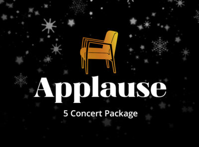 Logo for the Applause 5 Concert Package featuring an abstract, multicolored outline of a chair above the text 'Applause 5 Concert Package' on a black background.