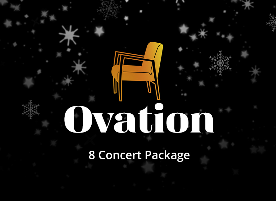 Logo for the Ovation 8 Concert Package featuring an abstract, multicolored outline of a chair above the text 'Ovation 8 Concert Package' on a black background.