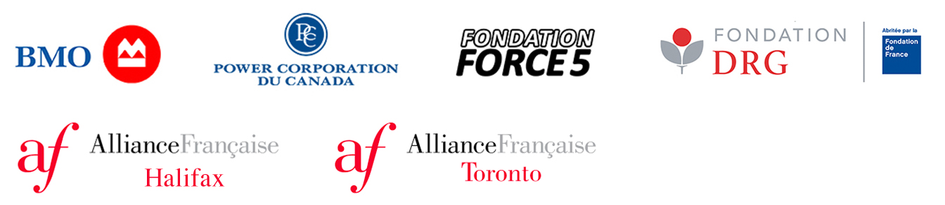 The image showcases logos of prominent sponsors and partners, including BMO (Bank of Montreal), Power Corporation of Canada, Fondation Force 5, and Fondation DRG. It also features the Alliance Française branches in Halifax and Toronto, with an additional affiliation to the Fondation de France.