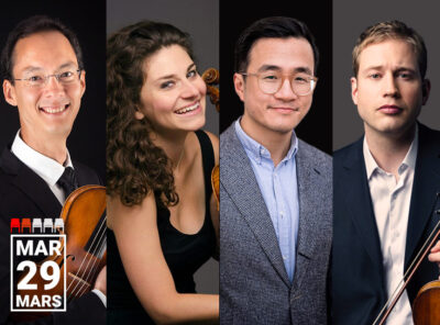 The image shows four professional violinists arranged side by side, each holding a violin and dressed in formal or semi-formal attire. On the far left, Robert Uchida is wearing glasses and a black suit with a white shirt and black tie, smiling and holding his violin with the scroll visible near his shoulder. Next to him, Diana Cohen has curly brown hair and is wearing a sleeveless black top, smiling broadly while holding her violin close to her face. Andrew Wan, the third from the left, is wearing glasses and a gray blazer over a light blue button-up shirt, with a neutral expression and not holding a violin in this image. On the far right, Jonathan Crow has short blond hair and is wearing a dark suit with a white shirt, holding a violin with the scroll pointing towards the top right corner of the image and has a serious expression. At the bottom left corner of the image, there is a text box with the date "MAR 29 MARS" indicating the event date. The background for each musician is dark, highlighting their faces and instruments.