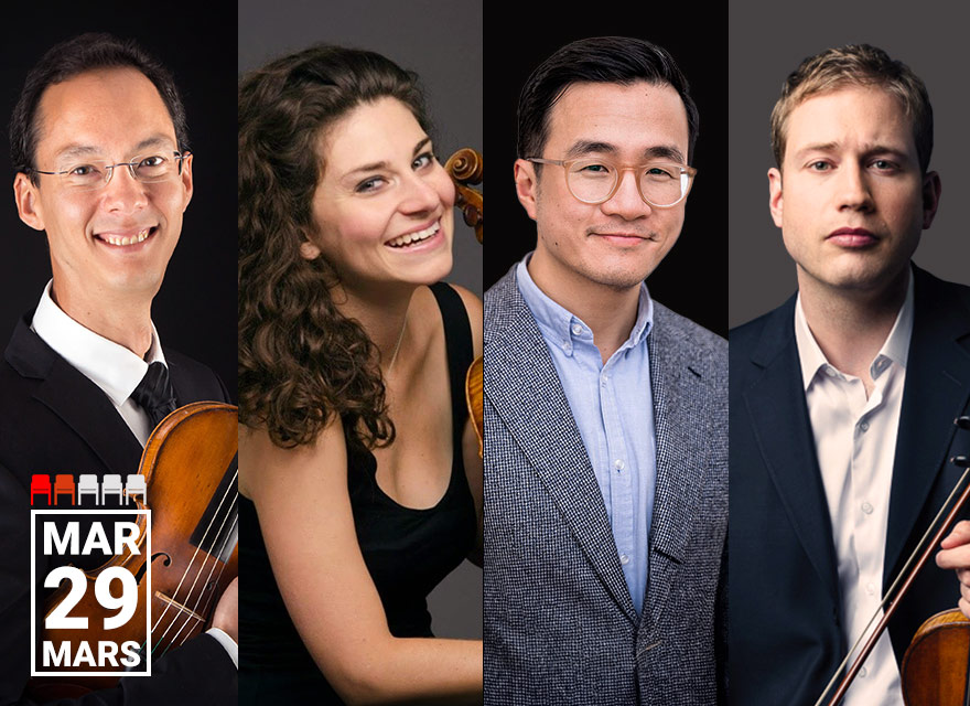 The image shows four professional violinists arranged side by side, each holding a violin and dressed in formal or semi-formal attire. On the far left, Robert Uchida is wearing glasses and a black suit with a white shirt and black tie, smiling and holding his violin with the scroll visible near his shoulder. Next to him, Diana Cohen has curly brown hair and is wearing a sleeveless black top, smiling broadly while holding her violin close to her face. Andrew Wan, the third from the left, is wearing glasses and a gray blazer over a light blue button-up shirt, with a neutral expression and not holding a violin in this image. On the far right, Jonathan Crow has short blond hair and is wearing a dark suit with a white shirt, holding a violin with the scroll pointing towards the top right corner of the image and has a serious expression. At the bottom left corner of the image, there is a text box with the date "MAR 29 MARS" indicating the event date. The background for each musician is dark, highlighting their faces and instruments.