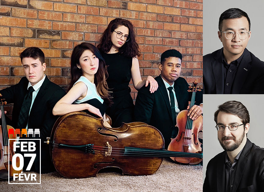 Alt text: "Portrait of the Dior Quartet with violinist Andrew Wan in the upper right box and pianist Charles Richard-Hamelin in the lower right box. The main image shows four musicians seated and standing against a brick wall with their instruments: a cello and two violins. The date 'Feb 7' is displayed in the bottom left corner."