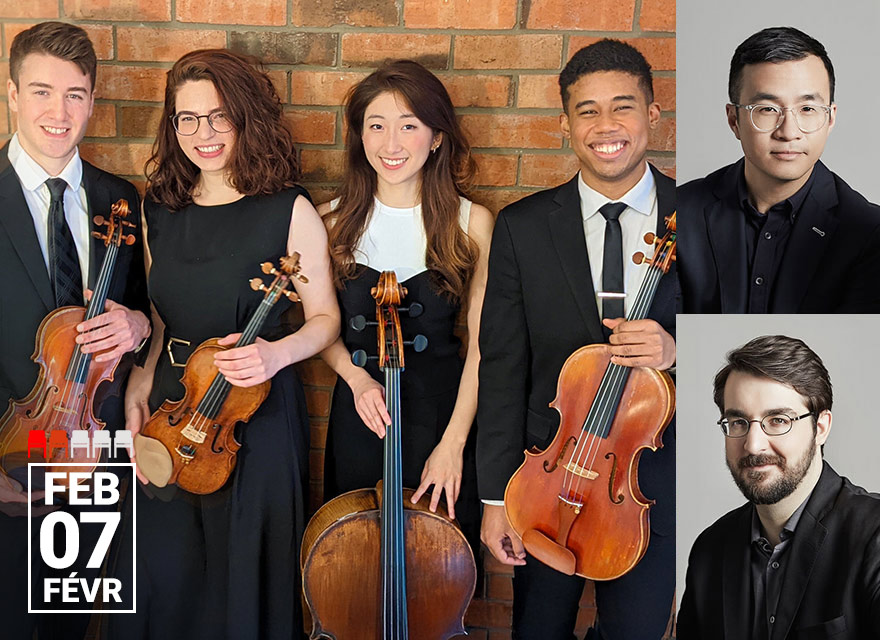 Portrait of the Dior Quartet with violinist Andrew Wan in the upper right box and pianist Charles Richard-Hamelin in the lower right box. The main image shows four musicians standing against a brick wall with their instruments: a cello and two violins. The date 'Feb 7' is displayed in the bottom left corner.