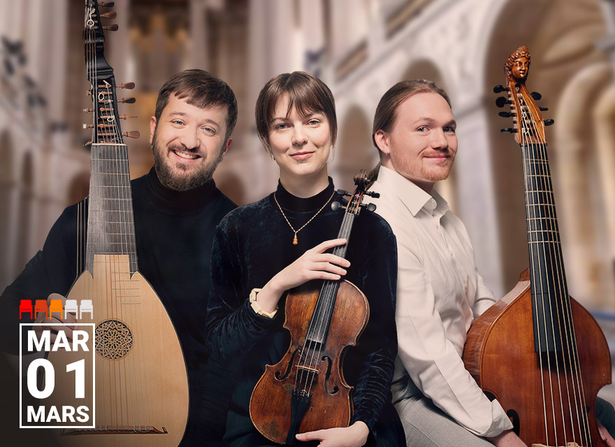 Three musicians pose together with their instruments in an elegant indoor setting. From left to right, a smiling man holds a lute, a woman with a violin cradles it gently, and a man in a white shirt rests beside a viola da gamba. The background features blurred classical architecture. The text 'MAR 01 MARS' appears in the bottom left corner.