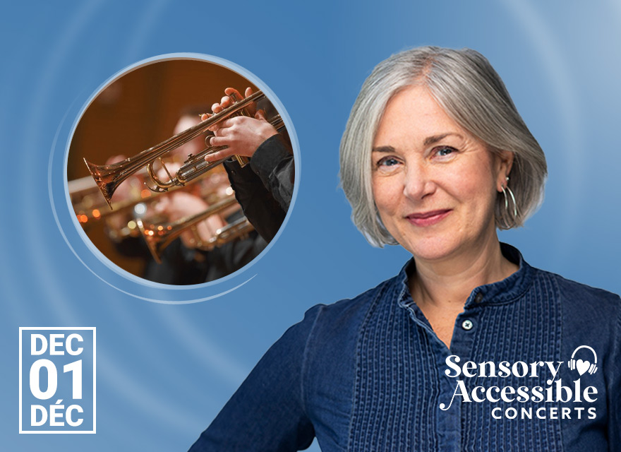 The image shows a promotional graphic for a sensory-accessible concert event. On the left side, there's a close-up photo of a musician playing a brass instrument,​ with other brass instruments in the background. Below this image is a calendar-style icon with the date "Dec 01" written in large, bold text​. On the right side, ​a woman with short, gray hair and a friendly smile is shown against a blue background. The "Sensory​-Accessible Concerts" logo appears below them on the right side.