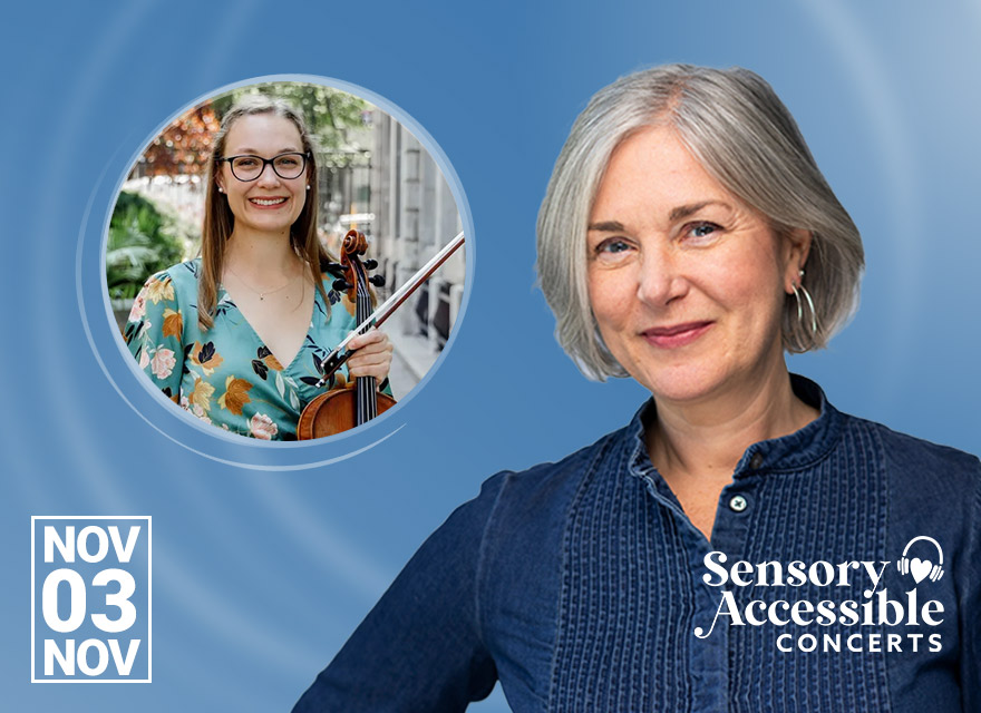 The image features a smiling woman with short silver hair, wearing a dark blue shirt. The background is a light blue with subtle wave patterns. The text on the image reads: "Sensory-Accessible Concerts SEASON FOUR". The overall feel of the image is professional and warm, with a focus on accessibility in music. At the bottom left, the logos for Cecilia Concerts and Halifax Public Libraries are visible.