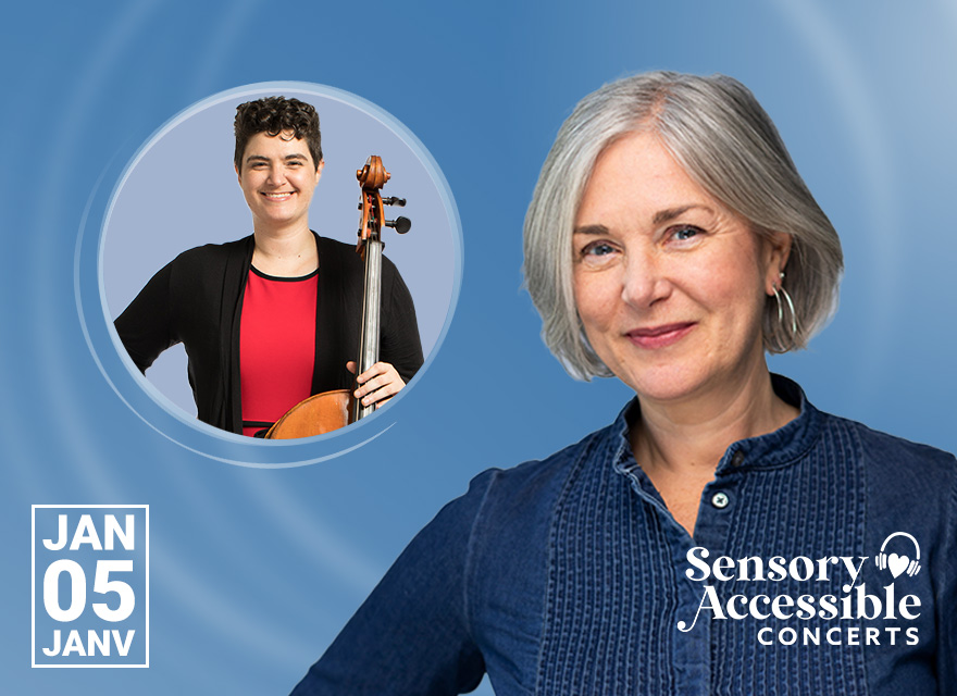 A promotional image featuring two individuals for a Sensory​-Accessible Concert​s event. On the left, a circular inset shows a cellist, ​Rachel Desoer, standing with a cello, wearing a red top and black cardigan, smiling confidently. On the right, a larger image of a silver-haired woman​, pianist Jennifer King, wearing a blue blouse, also smiling warmly. The text "JAN 05 JANV" appears in a white box​, and the "Sensory Accessible Concerts" logo is placed on the bottom right. The background is a soft blue with a subtle swirl pattern.