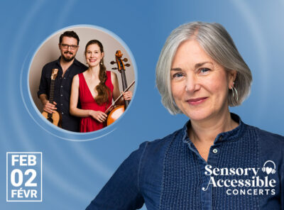 The image promotes a Sensory Accessible​-Concert​s performance featuring pianist Jennifer King and the duo Champagne Weather. Jennifer, with her grey, neatly styled bob and warm smile, exudes confidence and approachability, wearing a navy blouse with subtle detailing. In a circular inset, James Hill and Anne Janelle are pictured, James holding a ukulele and Anne with her cello, both smiling warmly. The soft blue background and Sensory Accessible Concerts logo emphasize the inclusive and welcoming tone of the event. The concert date, February 2, is prominently displayed alongside accessibility indicators.