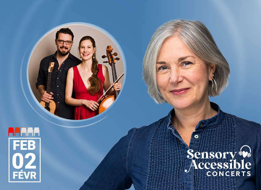 The image promotes a Sensory Accessible​-Concert​s performance featuring pianist Jennifer King and the duo Champagne Weather. Jennifer, with her grey, neatly styled bob and warm smile, exudes confidence and approachability, wearing a navy blouse with subtle detailing. In a circular inset, James Hill and Anne Janelle are pictured, James holding a ukulele and Anne with her cello, both smiling warmly. The soft blue background and Sensory Accessible Concerts logo emphasize the inclusive and welcoming tone of the event. The concert date, February 2, is prominently displayed alongside accessibility indicators.