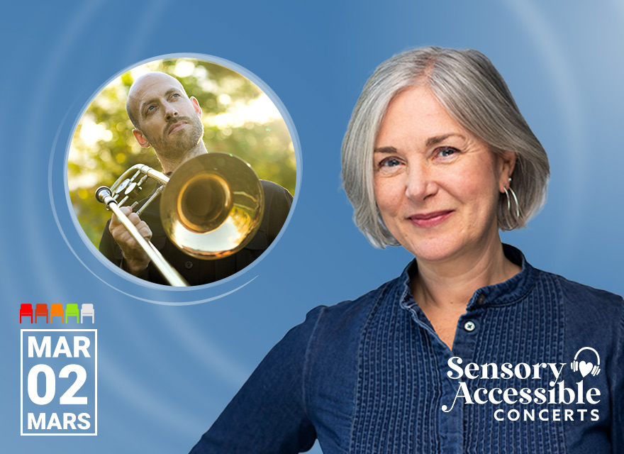 This image promotes a ​Sensory-​Accessible ​Concert​s series performance with a specific emphasis on inclusivity. The event ​i​s scheduled for ​M​arch 2nd, as indicated. The image highlights a trombone player and another individual, suggesting a focus on musical performances.