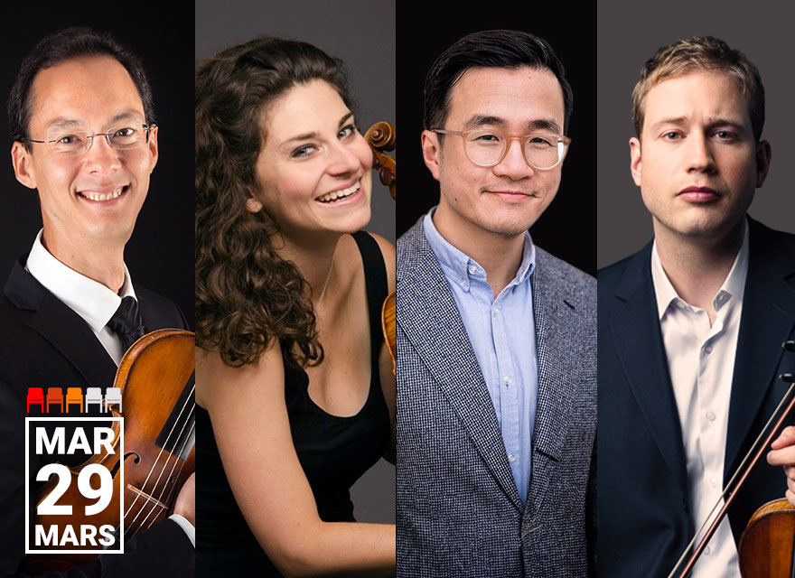 The image shows four professional violinists arranged side by side, each holding a violin and dressed in formal or semi-formal attire. On the far left, Robert Uchida is wearing glasses and a black suit with a white shirt and black tie, smiling and holding his violin with the scroll visible near his shoulder. Next to him, Diana Cohen has curly brown hair and is wearing a sleeveless black top, smiling broadly while holding her violin close to her face. Andrew Wan, the third from the left, is wearing glasses and a gray blazer over a light blue button-up shirt, with a neutral expression and not holding a violin in this image. On the far right, Jonathan Crow has short blond hair and is wearing a dark suit with a white shirt, holding a violin with the scroll pointing towards the top right corner of the image and has a serious expression. At the bottom left corner of the image, there is a text box with the date "MAR 29 MARS" indicating the event date. The background for each musician is dark, highlighting their faces and instruments.