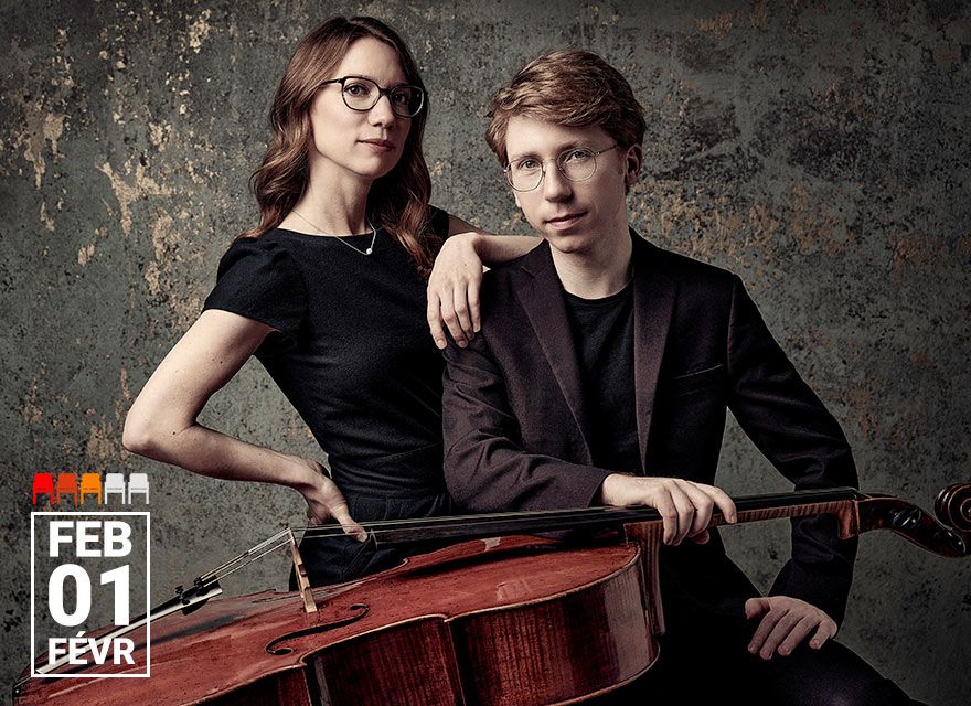 This image shows cellist Cameron Crozman and pianist Meagan Milatz posing together. Cameron Crozman is seated with his cello, and Meagan Milatz stands beside him with her arm resting on his shoulder. Both are dressed in black, and they wear glasses. The background has a textured, rustic look. The date "Feb 01" is prominently displayed in the lower left corner.