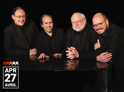 This image shows the members of Quatuor Elysée, a classical music ensemble. The four musicians are dressed in black and are gathered around a grand piano, smiling at the camera. They exude a sense of camaraderie and professionalism. The date "Apr 27" is prominently displayed in the lower left corner.