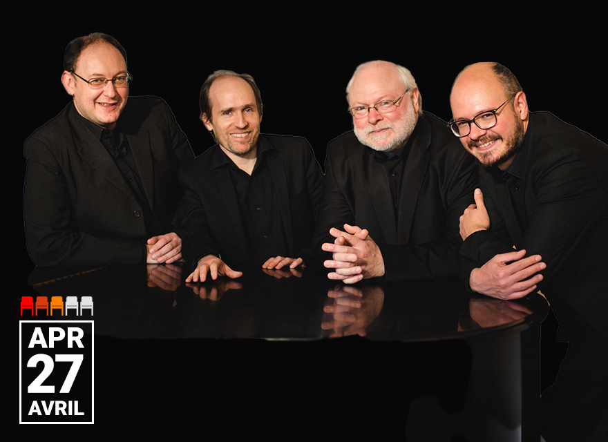 This image shows the members of Quatuor Elysée, a classical music ensemble. The four musicians are dressed in black and are gathered around a grand piano, smiling at the camera. They exude a sense of camaraderie and professionalism. The date "Apr 27" is prominently displayed in the lower left corner.