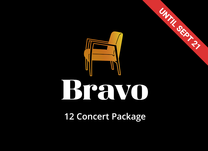 Logo for the Bravo 12 Concert Package featuring an abstract, multicolored outline of a chair above the text 'Bravo 12 Concert Package' on a black background.