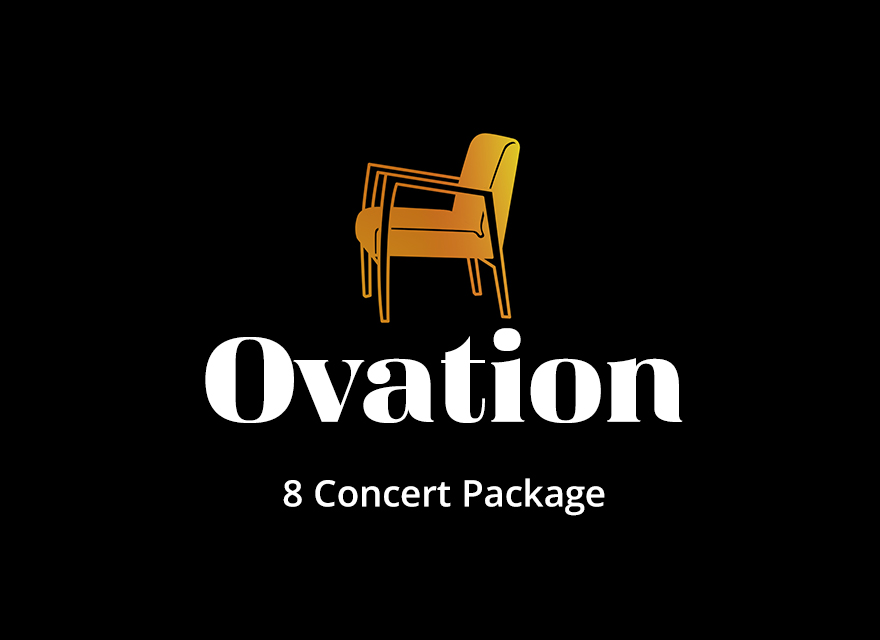 Logo for the Ovation 8 Concert Package featuring an abstract, multicolored outline of a chair above the text 'Ovation 8 Concert Package' on a black background.