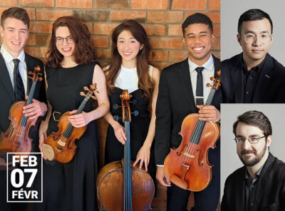 Portrait of the Dior Quartet with violinist Andrew Wan in the upper right box and pianist Charles Richard-Hamelin in the lower right box. The main image shows four musicians standing against a brick wall with their instruments: a cello and two violins. The date 'Feb 7' is displayed in the bottom left corner.