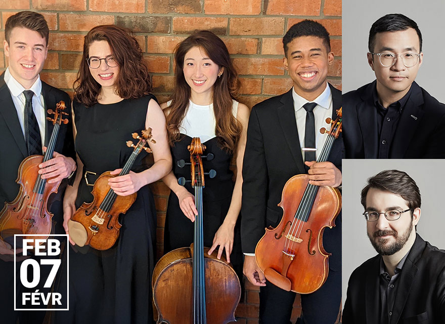 Portrait of the Dior Quartet with violinist Andrew Wan in the upper right box and pianist Charles Richard-Hamelin in the lower right box. The main image shows four musicians standing against a brick wall with their instruments: a cello and two violins. The date 'Feb 7' is displayed in the bottom left corner.