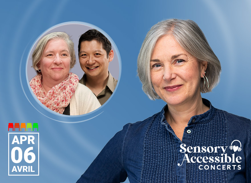 A promotional image for a Sensory Accessible Concert on April 6 features a large portrait of pianist and host Jennifer King against a blue background. She has short silver hair, wears a navy-blue blouse, and smiles warmly. In a smaller circular inset, vibraphonist Erin Donovan and flautist Jack Chen are pictured together; Erin has short gray hair, wears a light-colored cardigan and a red patterned scarf, while Jack has short dark hair and wears a dark collared shirt. The event date "APR 06 AVRIL" is displayed in a white box, and a sensory accessibility rating scale with red to green bars is visible. The "Sensory Accessible Concerts" logo, including an icon of an ear with sound waves, is positioned in the lower right corner.